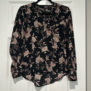 Black and pink floral mid length sleeve blouse